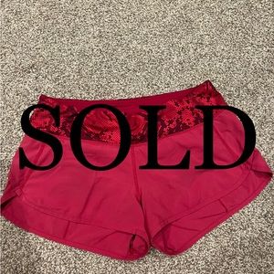 Lululemon Speed Shorts, Red w/Snake Skin Printed Band, Low Rise